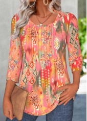 Coral Tummy Coverage Tribal Print 3/4 Sleeve T Shirt