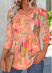 Coral Tummy Coverage Tribal Print 3/4 Sleeve T Shirt | thumb picture 