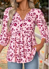 Hot Pink Peplum Floral Print 3/4 Sleeve Blouse