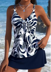Tummy Coverage Mid Waisted Striped Navy Tankini Set