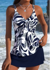 Tummy Coverage Mid Waisted Striped Navy Tankini Set | thumb picture 