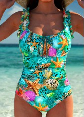 Marine Life Print Turquoise One Piece Swimwear