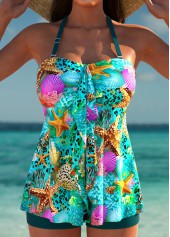 High Waisted Marine Life Print Turquoise Tankini Set