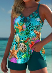 Pocket Mid Waisted Marine Life Print Turquoise Tankini Set