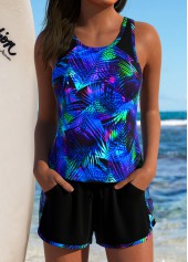Tummy Coverage Mid Waisted Tropical Plants Print Tankini Set