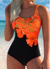 Tropical Plants Print Black One Piece Swimwear