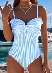 Frill Striped Light Blue One Piece Swimwear