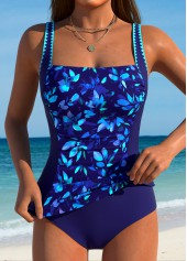 Mid Waisted Floral Print Purplish Blue Tankini Set