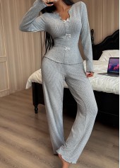 Grey Long Sleeve Split Neck Lounge Top and Pants