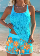 Tummy Coverage Mid Waisted Floral Print Cyan Tankini Set