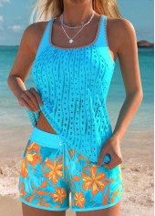 Tummy Coverage Mid Waisted Floral Print Cyan Tankini Set | thumb picture 