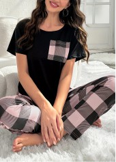Pink Plaid Short Sleeve Lounge Top and Pants | thumb picture 