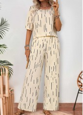 Beige Two-piece Geometric Print Ankle Length Short Sleeve Top