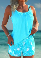Tummy Coverage Mid Waisted Leaf Print Cyan Tankini Set | thumb picture 
