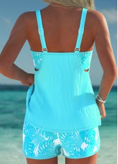 Tummy Coverage Mid Waisted Leaf Print Cyan Tankini Set | thumb picture 