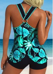 Circular Ring Mid Waisted Leaf Print Navy Tankini Set