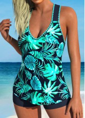 Circular Ring Mid Waisted Leaf Print Navy Tankini Set | thumb picture 
