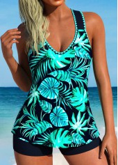 Circular Ring Mid Waisted Leaf Print Navy Tankini Set | thumb picture 