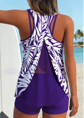 Tummy Coverage Mid Waisted Plants Print Purple Tankini Set