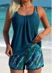 Layered Mid Waisted Marble Print Peacock Blue Tankini Set