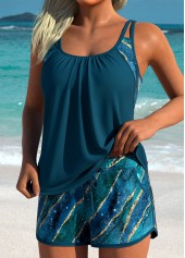 Layered Mid Waisted Marble Print Peacock Blue Tankini Set | thumb picture 