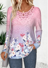 Pink Curved Hem Floral Print Long Sleeve T Shirt