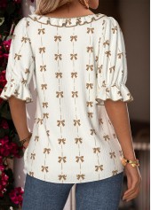 White Frill Geometric Print Half Sleeve V Neck Blouse | thumb picture 
