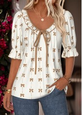 White Frill Geometric Print Half Sleeve V Neck Blouse | thumb picture 