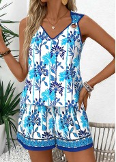 Blue Tummy Coverage Leaf Print Sleeveless Tank Top