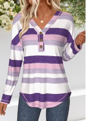 Purple Tummy Coverage Multi Stripe Print T Shirt