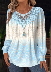 Light Blue Tummy Coverage Tribal Print T Shirt