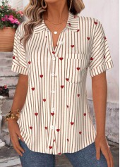 Beige Striped Patch Pocket Short Sleeve Shirt