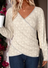 Beige Tummy Coverage Long Sleeve V Neck T Shirt