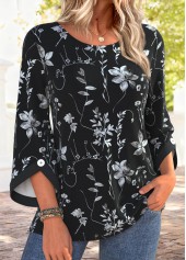 Black Tummy Coverage Leaf Print 3/4 Sleeve Blouse | thumb picture 