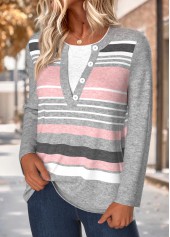 Light Grey Marl Tummy Coverage Striped T Shirt | thumb picture 