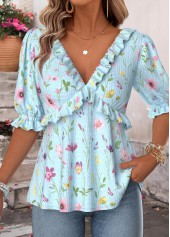 Light Blue Ruffle Floral Print Half Sleeve Blouse
