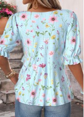 Light Blue Ruffle Floral Print Half Sleeve Blouse | thumb picture 