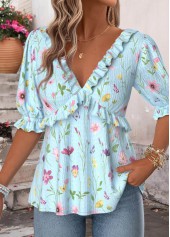 Light Blue Ruffle Floral Print Half Sleeve Blouse | thumb picture 