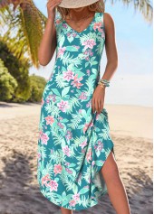 Green Tummy Coverage Floral Print Sleeveless V Neck Dress