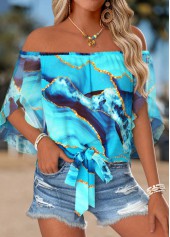 Blue Tie Ombre Half Sleeve Off Shoulder Blouse