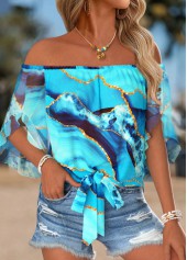 Blue Tie Ombre Half Sleeve Off Shoulder Blouse | thumb picture 