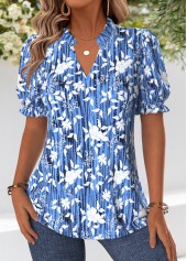Blue Curved Hem Floral Print Short Sleeve Blouse