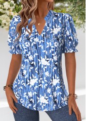Blue Curved Hem Floral Print Short Sleeve Blouse | thumb picture 