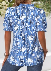Blue Curved Hem Floral Print Short Sleeve Blouse | thumb picture 
