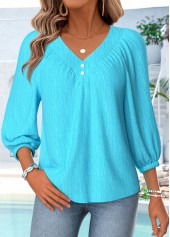 Blue Curved Hem 3/4 Sleeve V Neck Blouse