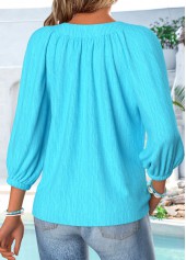 Blue Curved Hem 3/4 Sleeve V Neck Blouse | thumb picture 