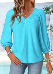 Blue Curved Hem 3/4 Sleeve V Neck Blouse | thumb picture 