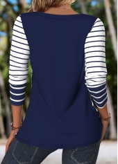 Navy Button Striped Long Sleeve V Neck T Shirt | thumb picture 