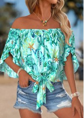 Cyan Tie Marine Life Print Half Sleeve Blouse | thumb picture 