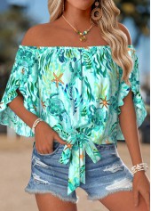 Cyan Tie Marine Life Print Half Sleeve Blouse